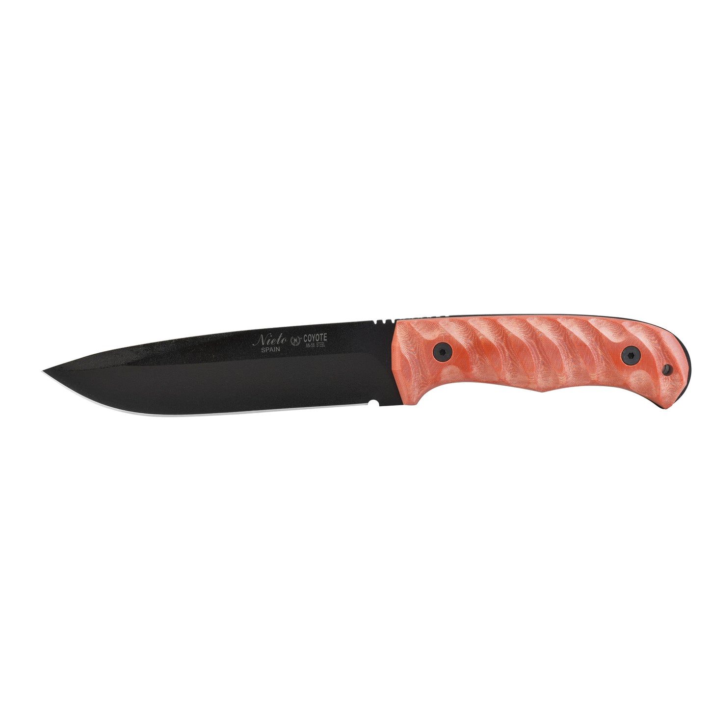 MIGUEL NIETO Cuchillo Coyote Hoja Negra Funda Piel Mango Mikarta Naranja 27cm Inox.