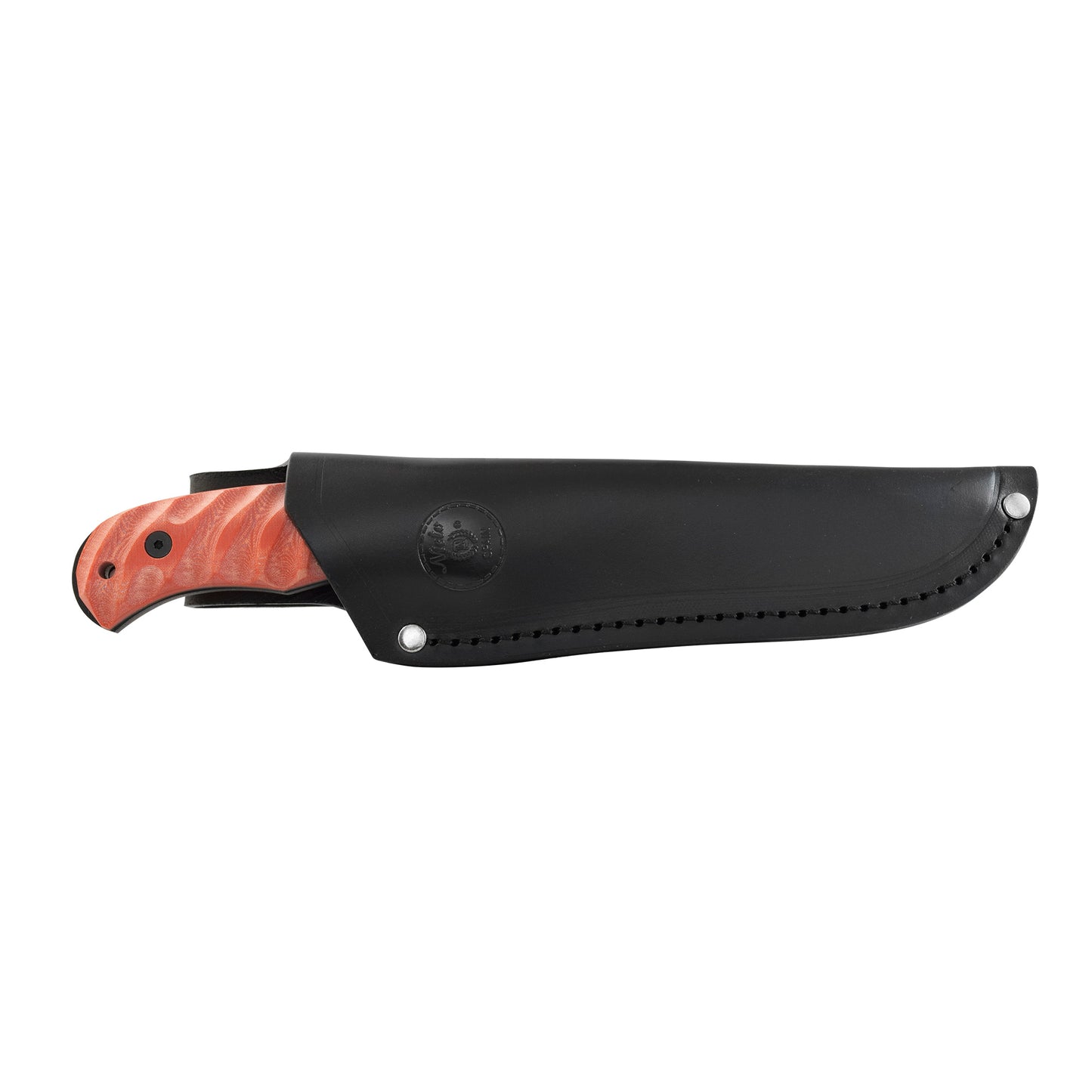 MIGUEL NIETO Cuchillo Coyote Hoja Negra Funda Piel Mango Mikarta Naranja 27cm Inox.