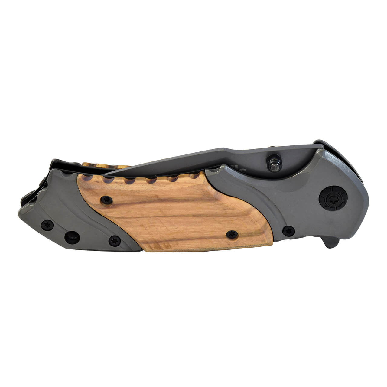 WALLIS Navaja de Bloqueo, Gris con Mango Tipo Madera Acero Inoxidable.