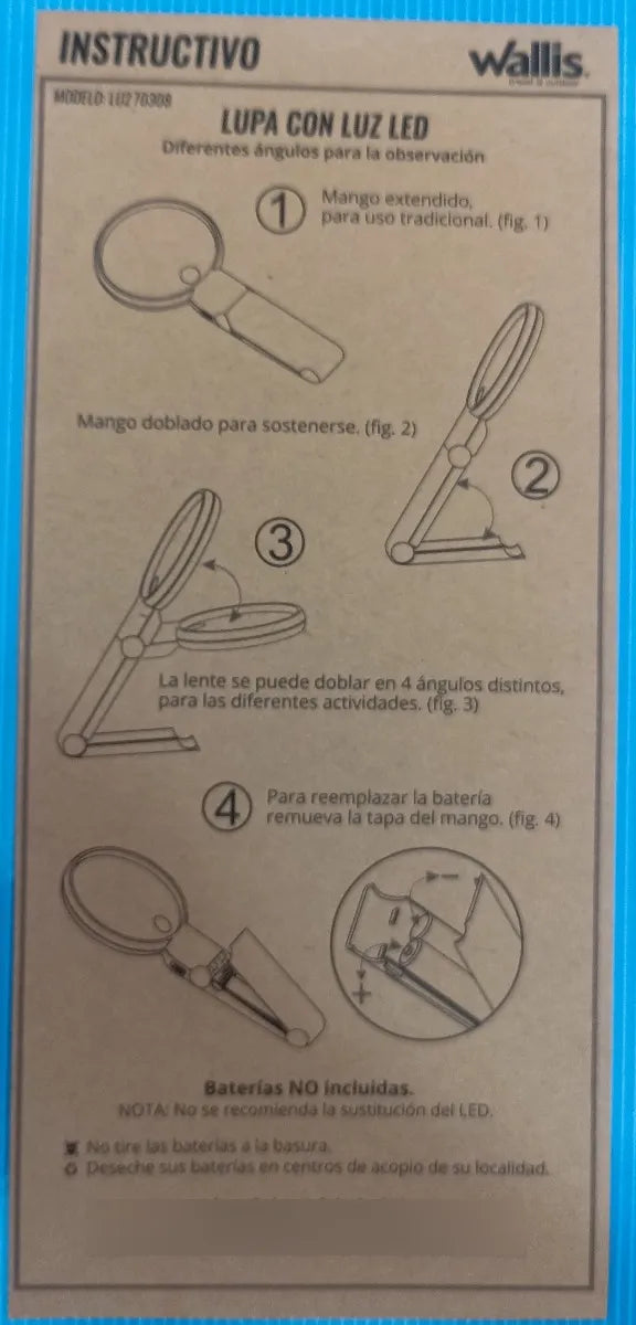 WALLIS Lupa Multi Angulo de 2X 4X, 9.9cm de Diámetro Luz LED Color Negro.