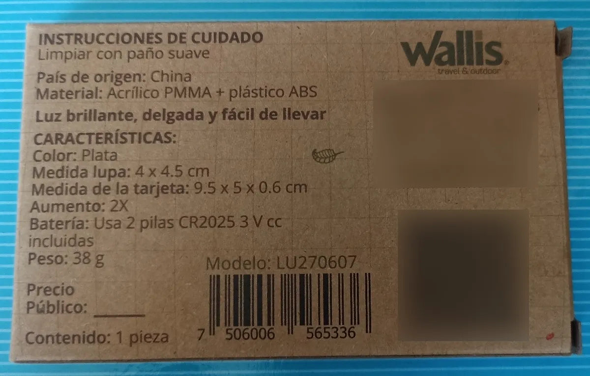 WALLIS Lupa Tarjeta de Bolsillo de 2X de 4x4.5cm con Luz LED Color Plata.