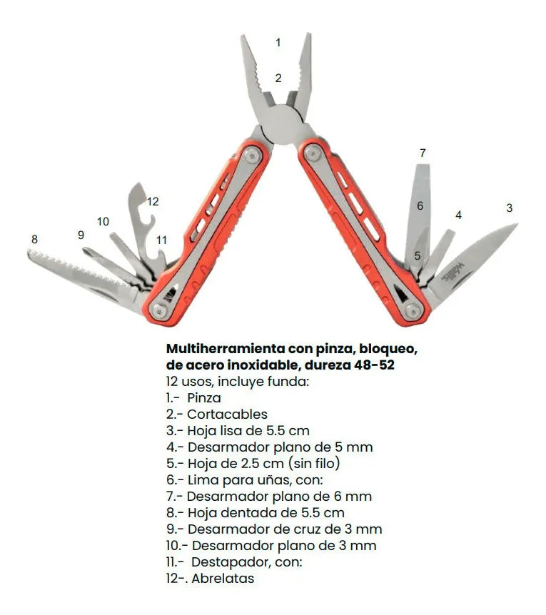 WALLIS Multiherramienta Wallis 12 Usos Mango Aluminio Rojo Y Funda.