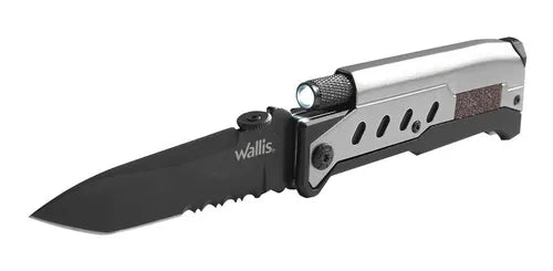 WALLIS Navaja de Bloqueo Mango S.O.S Plateado con Clip, Luz Led y Pedernal.