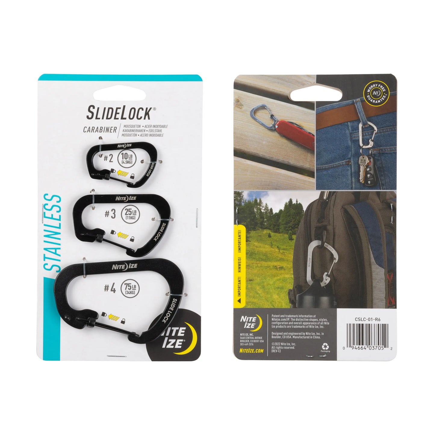 Nite Ize Pack 3 Slidelock® Carabiner Stainless Steel Black Hecho en USA
