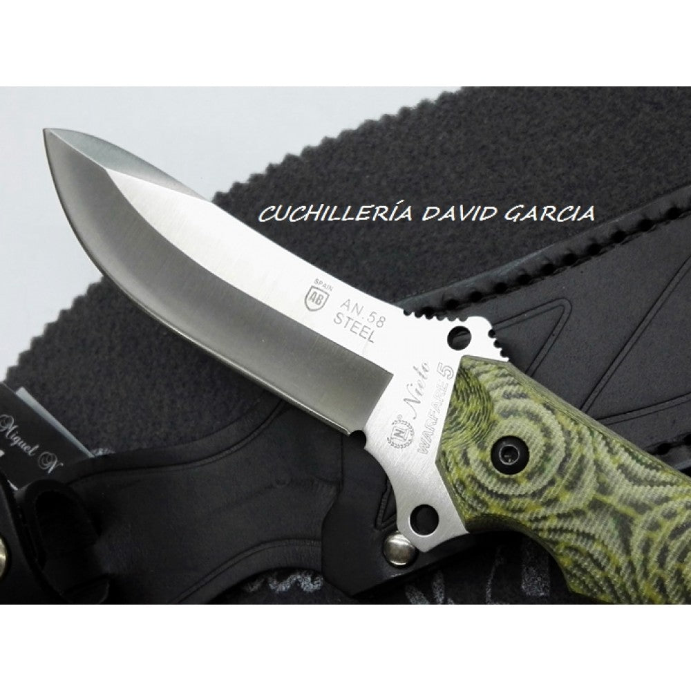 Miguel Nieto Cuchillo Warfare Supervivencia Acero Inoxidable Dureza AN-58 con Funda Piel.