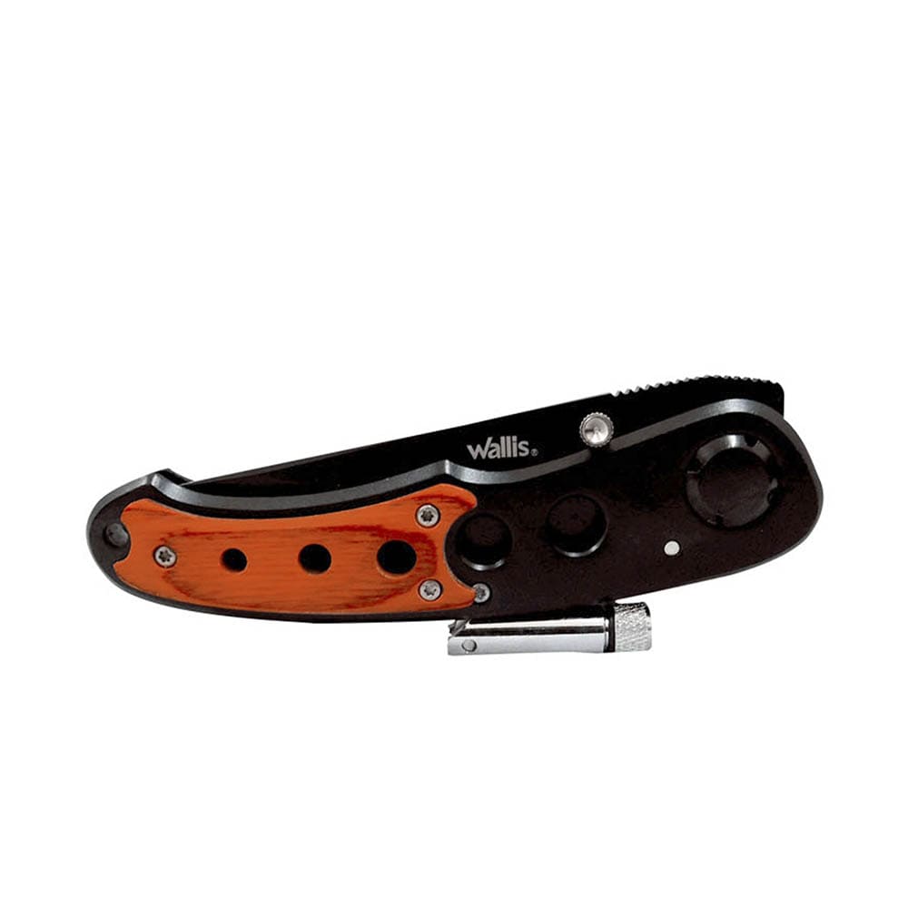 WALLIS Navaja de Bloqueo con Linterna luz LED, Mango Tipo Madera y Clip Acero Inox