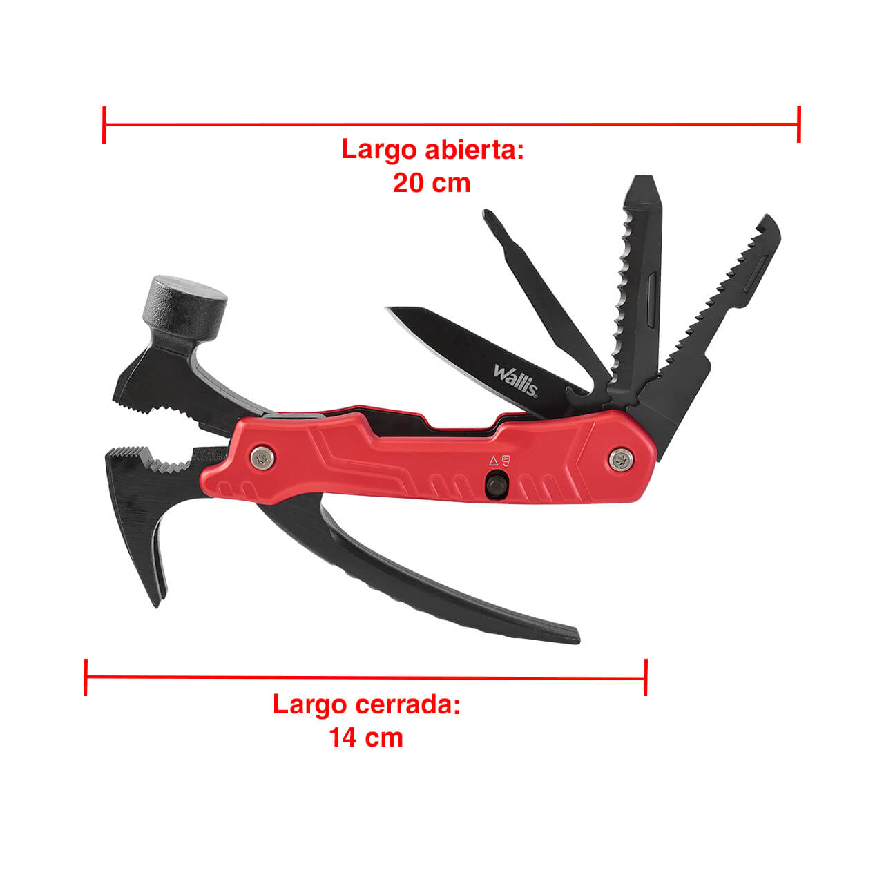 WALLIS Multiherramienta con 12 Usos, Mango Aluminio Rojo con Funda de Nylon.