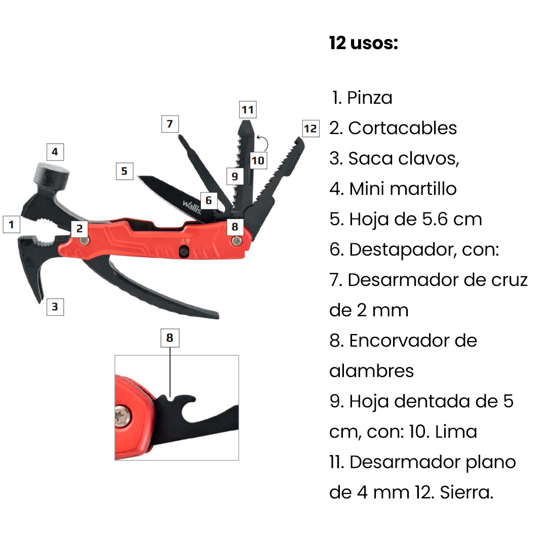WALLIS Multiherramienta con 12 Usos, Mango Aluminio Rojo con Funda de Nylon.