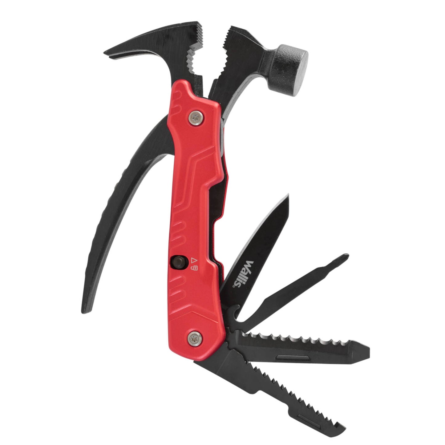 WALLIS Multiherramienta con 12 Usos, Mango Aluminio Rojo con Funda de Nylon.