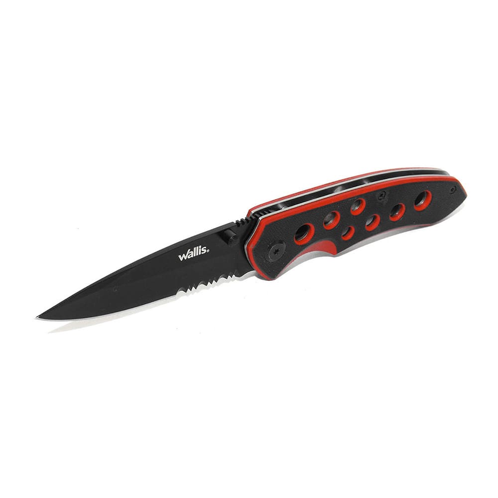 WLLIS Navaja De Bloqueo, Mango PVC Negro Con Rojo Y Clip Acero Inoxidable