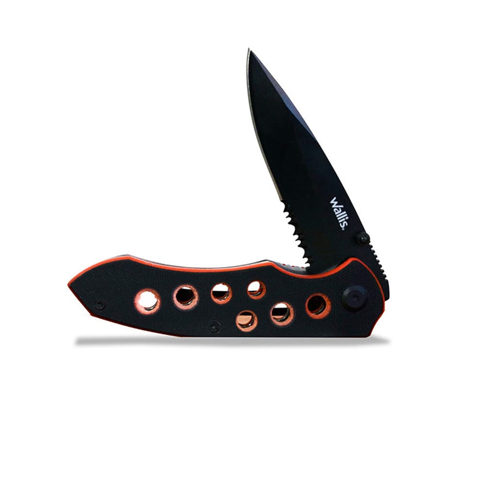 WLLIS Navaja De Bloqueo, Mango PVC Negro Con Rojo Y Clip Acero Inoxidable