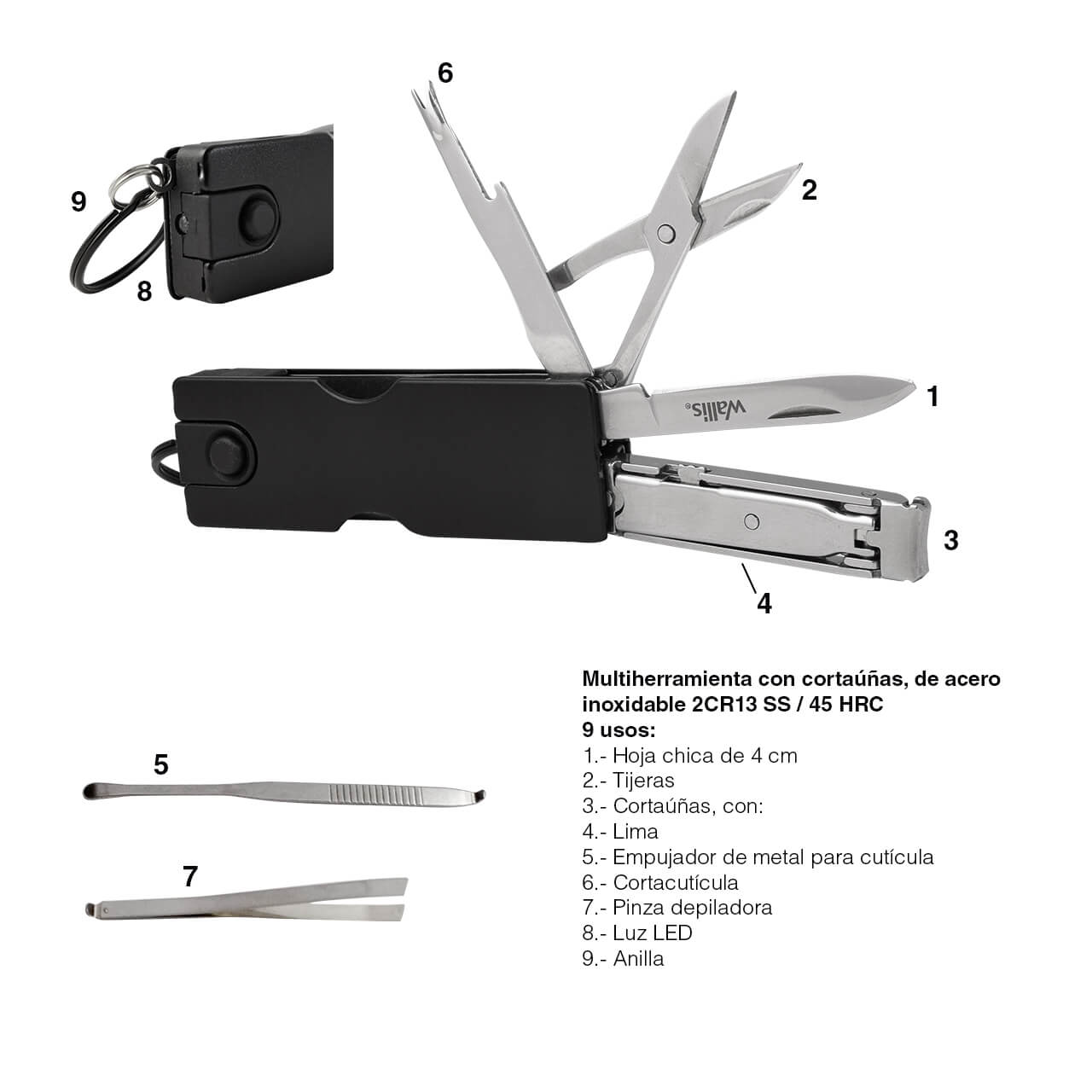 Multiherramienta con 9 Usos, Mango de Aluminio color Negro Mate, 6.8cm WALLIS