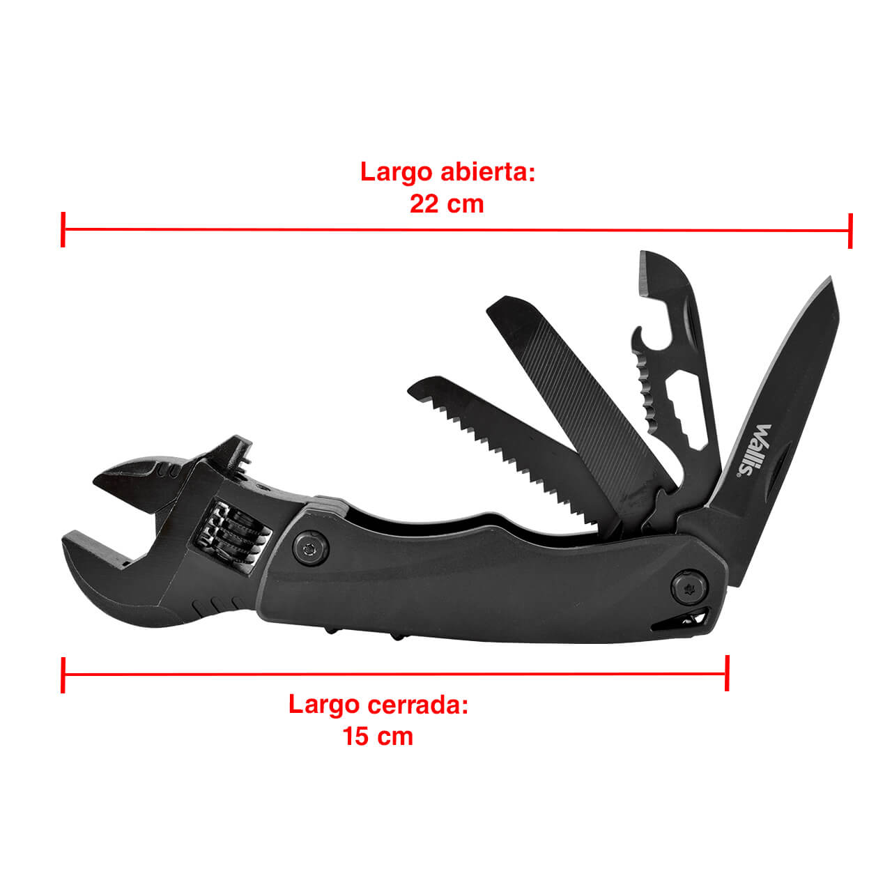 WALLIS Multiherramienta de 10 Usos, con Llave Inglesa, Mango Aluminio y Funda.