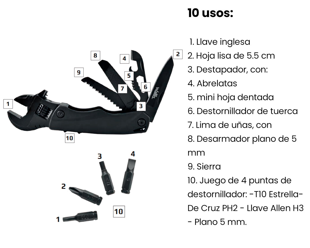 WALLIS Multiherramienta de 10 Usos, con Llave Inglesa, Mango Aluminio y Funda.