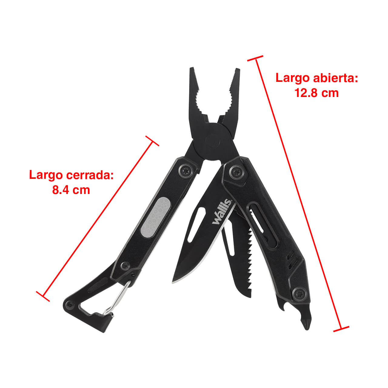 WALLIS Multi-Herramienta de 8 Usos, Mango Aluminio Negro Acero Inoxidable Negro.