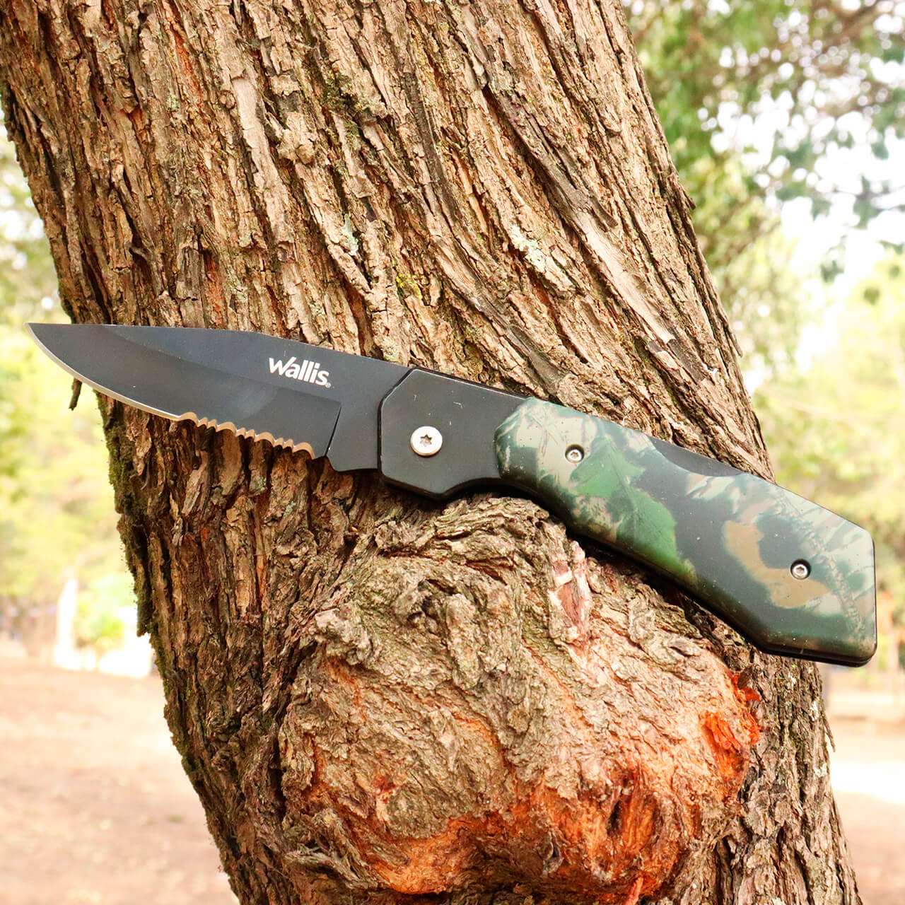 WALLIS Navaja de Bloqueo con Mango PVC Mango Camuflaje Verde Acero Inoxidable.