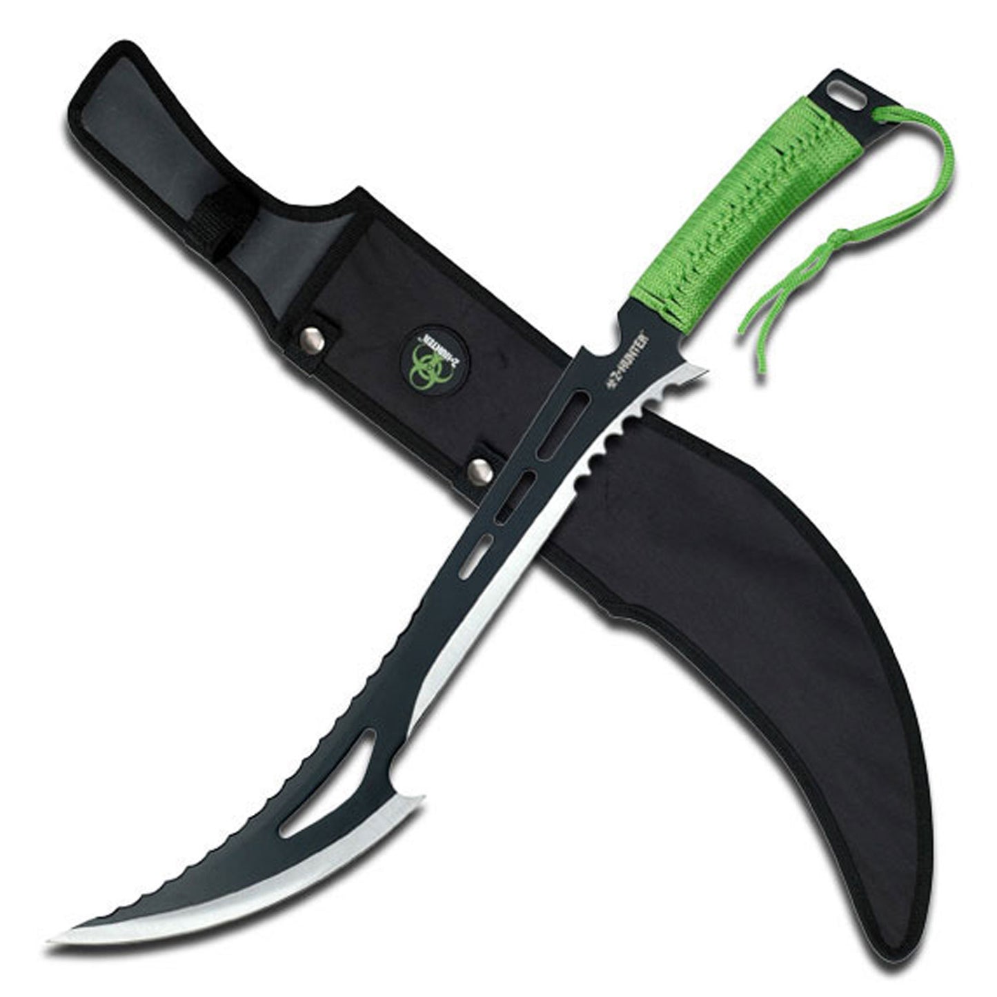 Machete Caza Zombis Z-Hunter con Estuche Negro y Paracord Verde Fosfo