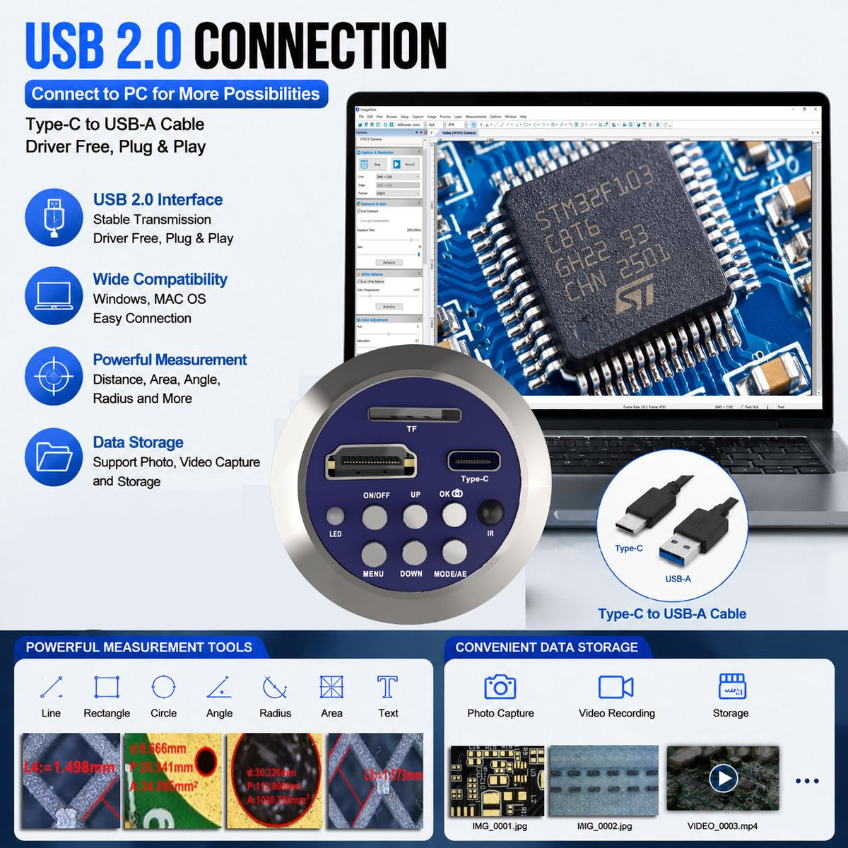Microscopio Digital con Soporte Reforzado, Microscopio 4K HDMI USB TYPE-C, Cámar