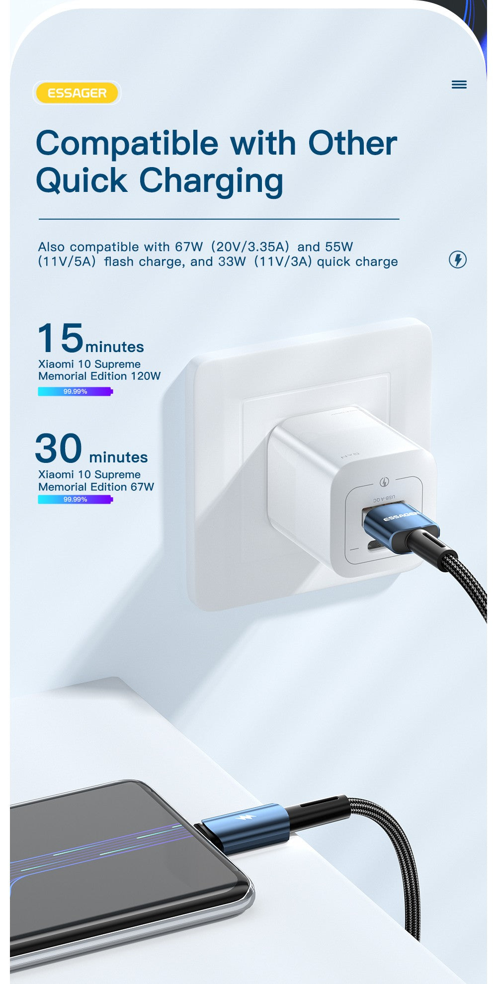 Essager-Cable USB de carga rápida para móvil, Cable de carga súper rápida tipo C