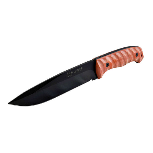 MIGUEL NIETO Cuchillo Coyote Hoja Negra Funda Piel Mango Mikarta Naranja 27cm Inox.