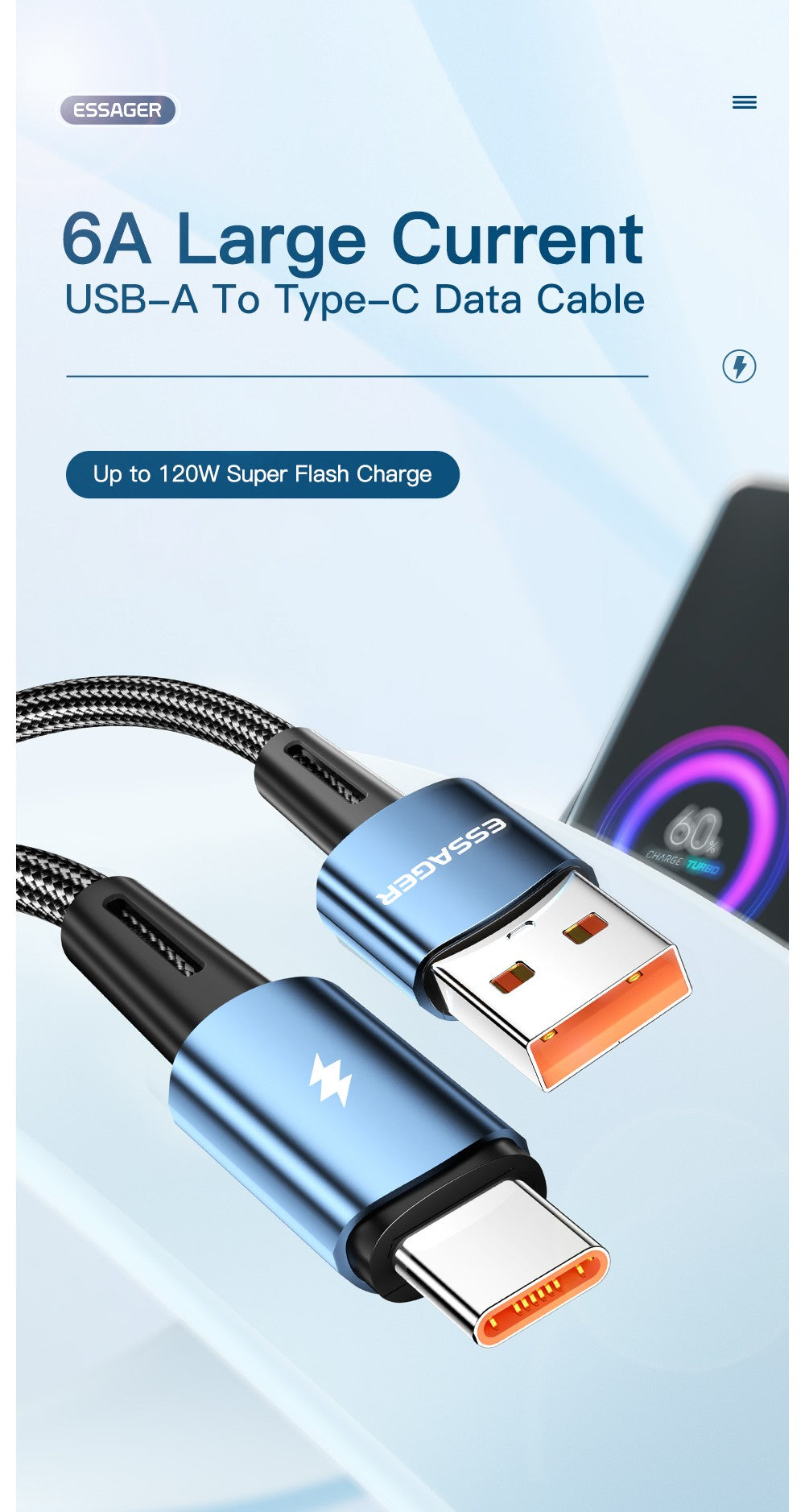 Essager-Cable USB de carga rápida para móvil, Cable de carga súper rápida tipo C