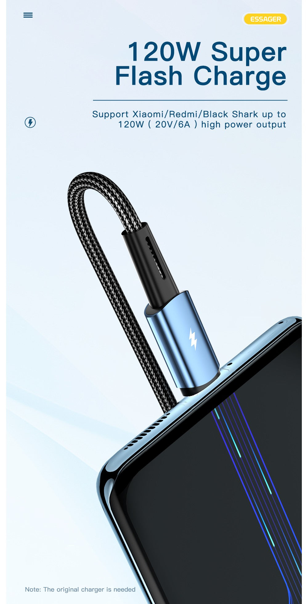 Essager-Cable USB de carga rápida para móvil, Cable de carga súper rápida tipo C