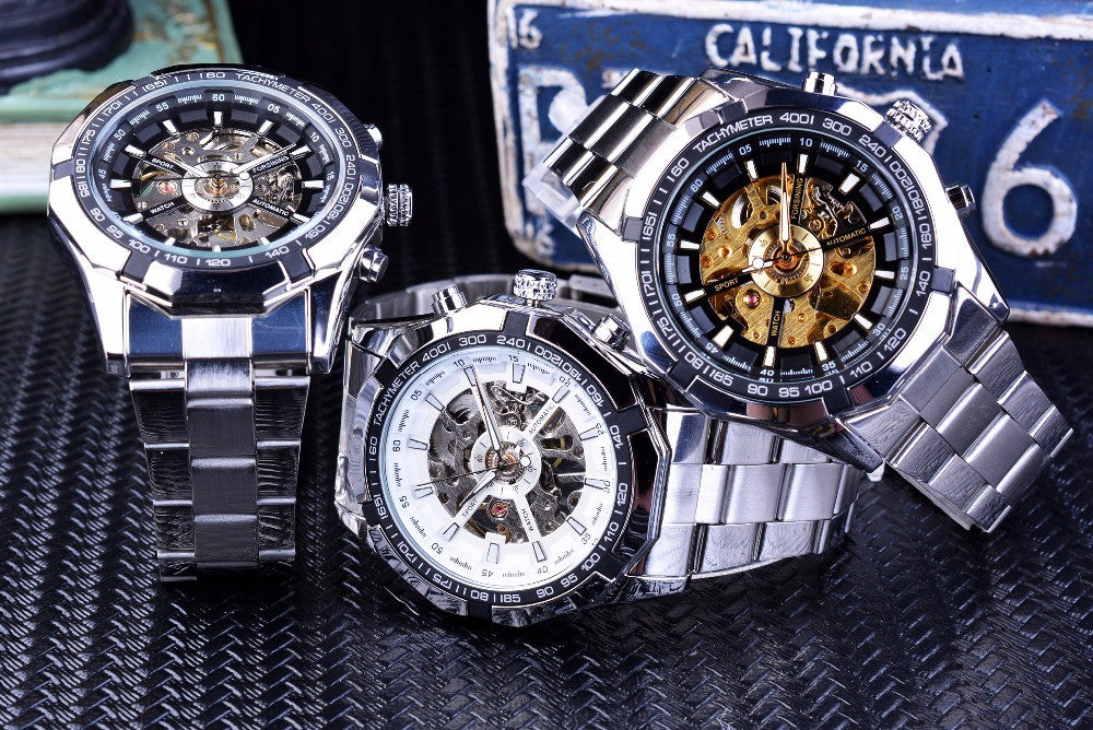 Forsining 2025 relojes de esqueleto para hombre resistentes al agua de acero ino