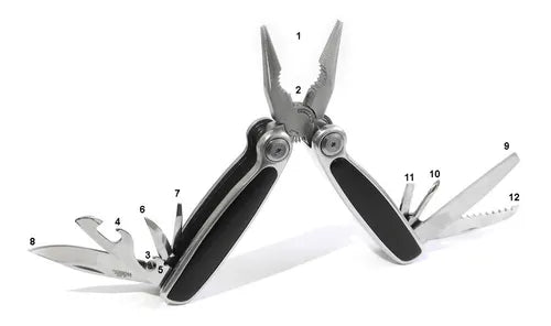 WALLIS Multiherramienta de 12 Usos, 10cm Cerrada, Mango Metal y PVC Acero Inoxidable.