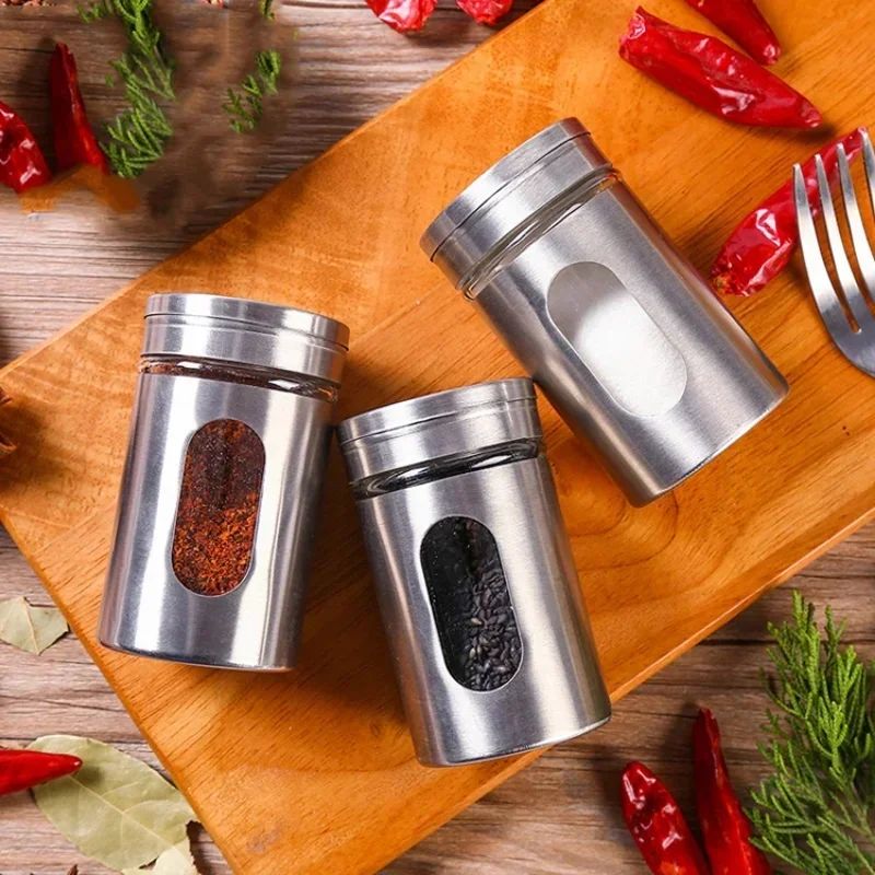 Coctelera de especias de acero inoxidable, latas de condimentos giratorias, tarr