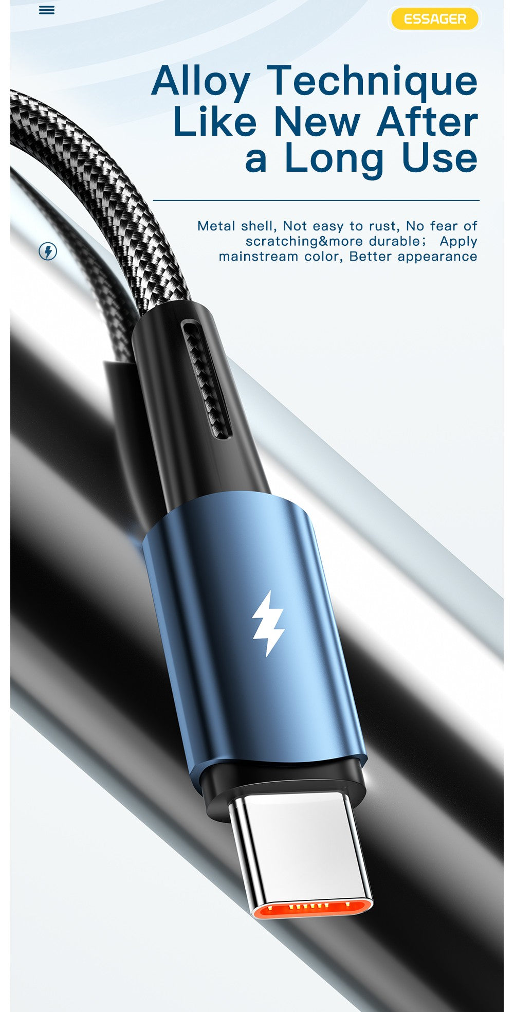 Essager-Cable USB de carga rápida para móvil, Cable de carga súper rápida tipo C