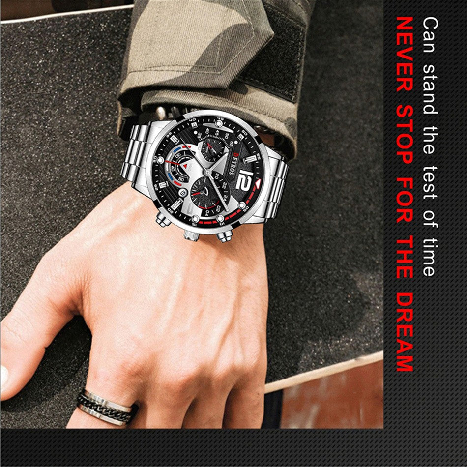 Reloj hombre Reloj de pulsera de cuarzo de acero inoxidable para hombre, cronógr