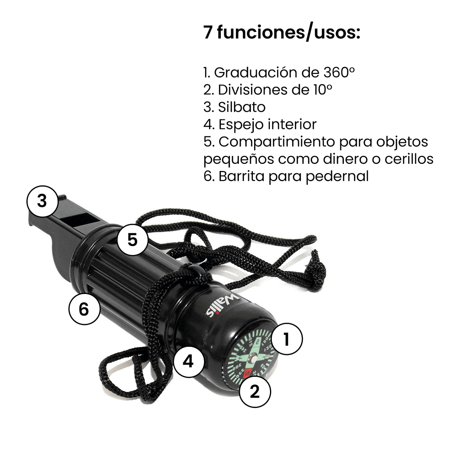 Brújula Scout Con Silbato, Pedernal Y Cordón P/colgar Color Negro WALLIS