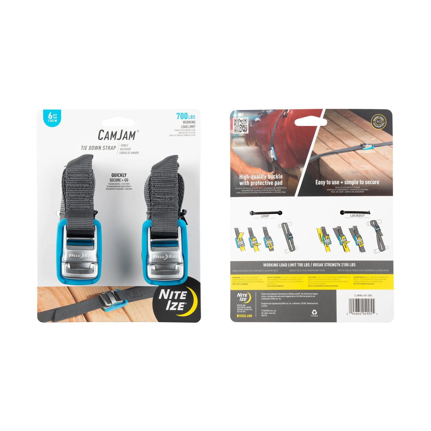 Nite Ize Pack 2 Cam Jam® Tie Down Straps 6ft 700lb USA.