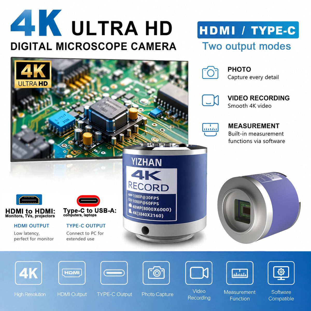 Microscopio Digital con Soporte Reforzado, Microscopio 4K HDMI USB TYPE-C, Cámar
