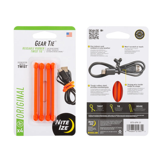 Nite Ize Gear Tie Original Reusable Rubber Twist Tie X4 3in USA