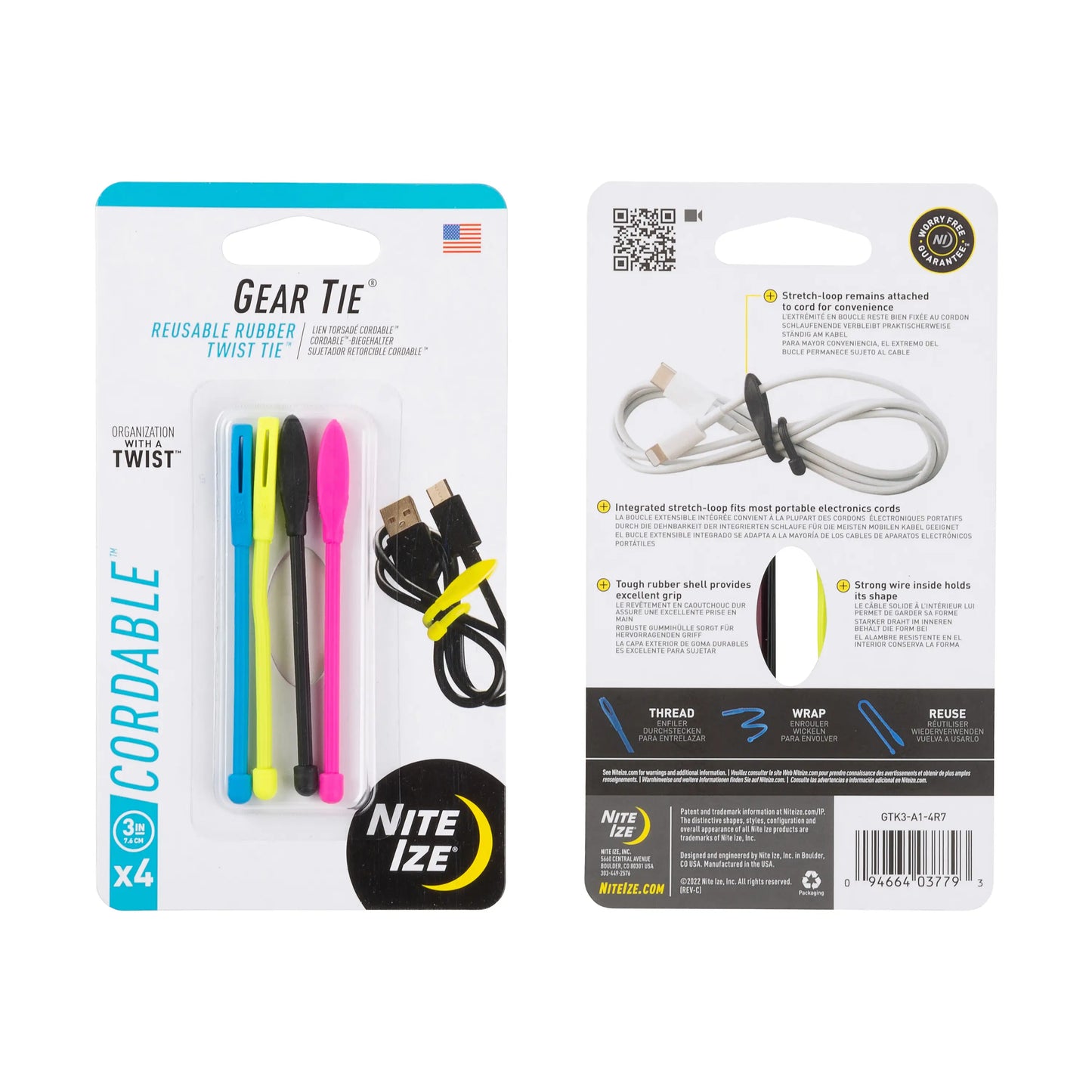 Nite Ize Tiras Amarre Gear Tie Cordable Twist Tie 3in 4pack Variado