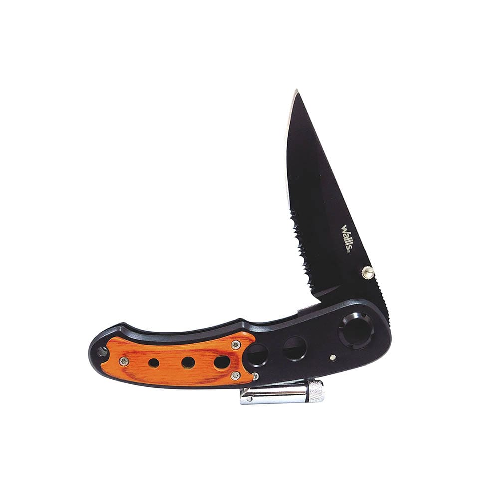 WALLIS Navaja de Bloqueo con Linterna luz LED, Mango Tipo Madera y Clip Acero Inox