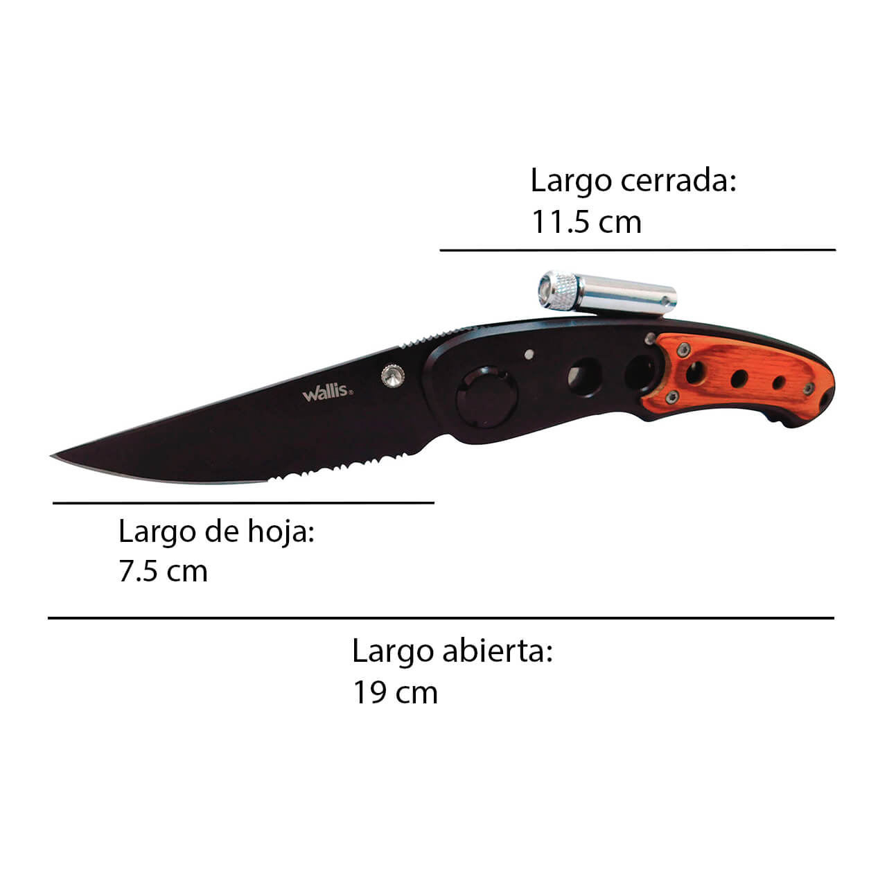 WALLIS Navaja de Bloqueo con Linterna luz LED, Mango Tipo Madera y Clip Acero Inox