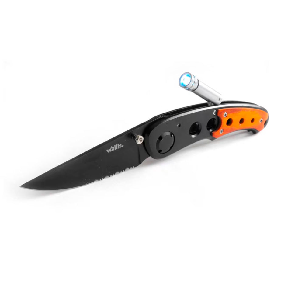 WALLIS Navaja de Bloqueo con Linterna luz LED, Mango Tipo Madera y Clip Acero Inox