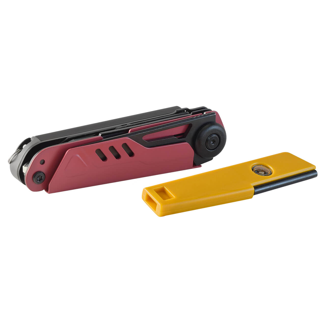 WALLIS Multiherramienta de Supervivencia con 13 Usos, Mango Aluminio Rojo con Negro.
