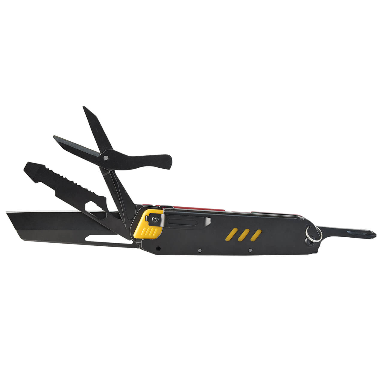 WALLIS Multiherramienta de Supervivencia con 13 Usos, Mango Aluminio Rojo con Negro.