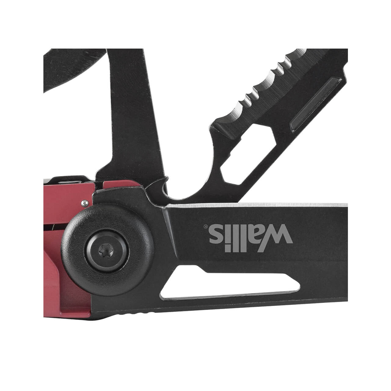 WALLIS Multiherramienta de Supervivencia con 13 Usos, Mango Aluminio Rojo con Negro.