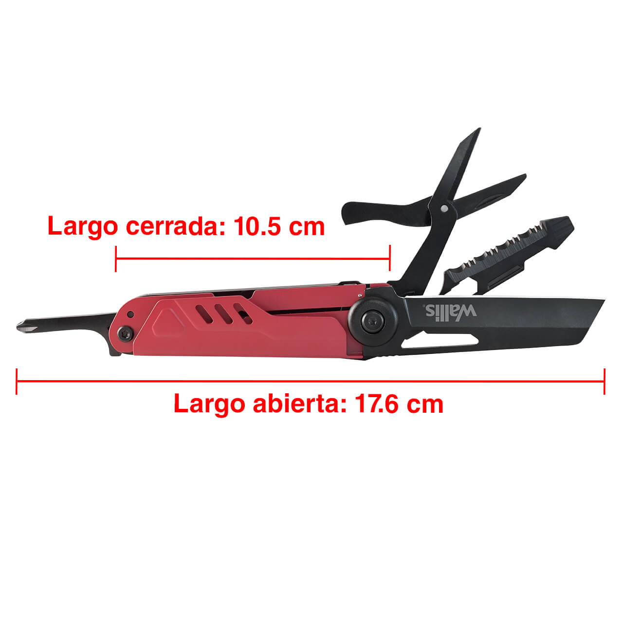 WALLIS Multiherramienta de Supervivencia con 13 Usos, Mango Aluminio Rojo con Negro.