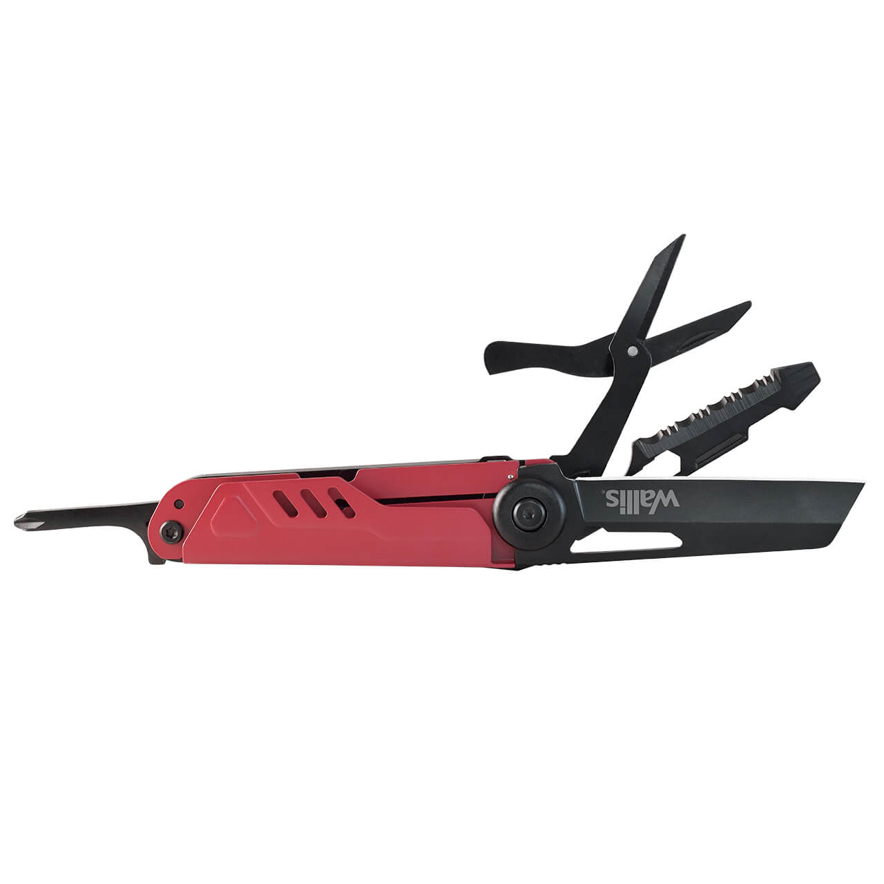WALLIS Multiherramienta de Supervivencia con 13 Usos, Mango Aluminio Rojo con Negro.