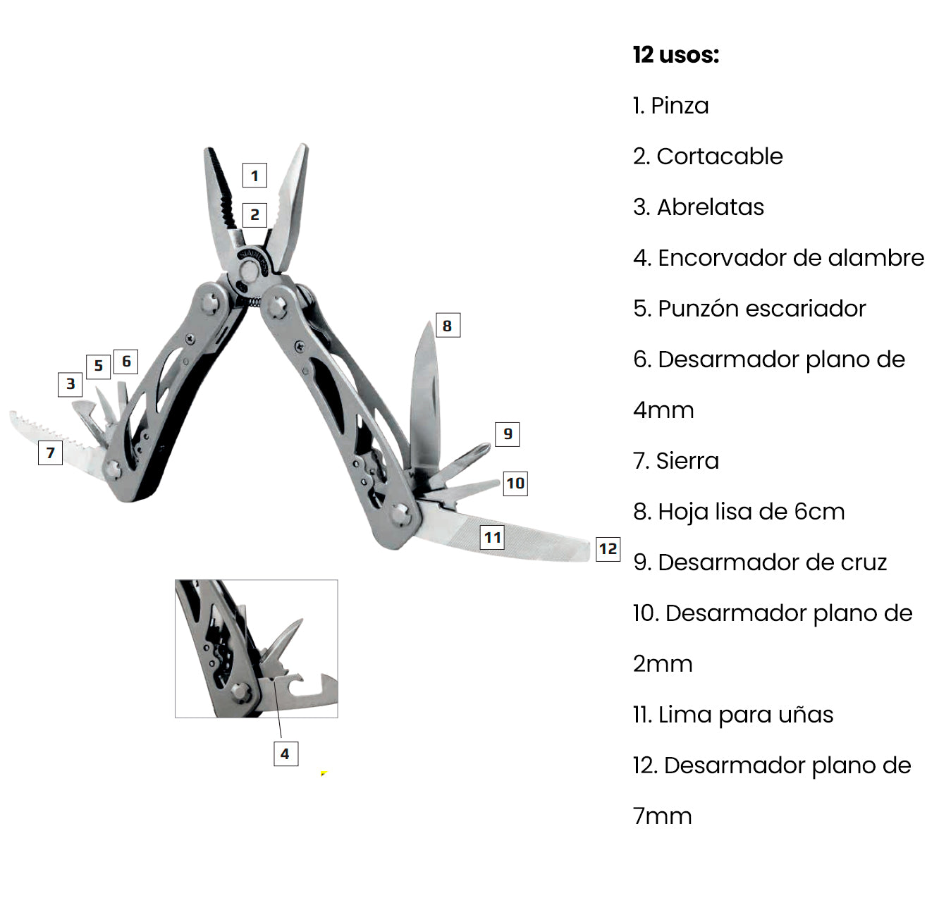Multiherramienta con 12 Usos, Acero Inoxidable 48-52, Mango Aluminio. WALLIS.