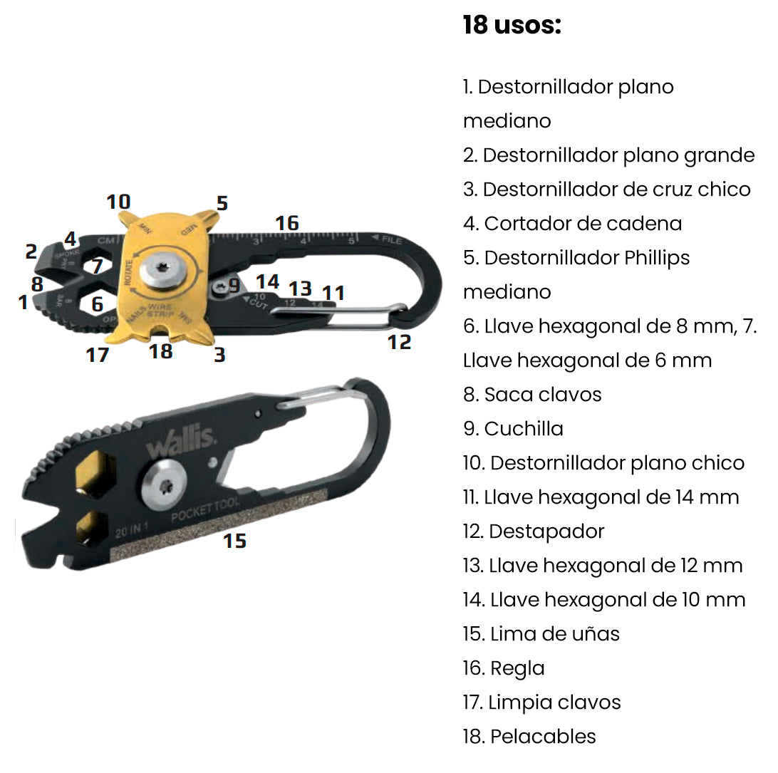 WALLIS Multiherramienta c/Mosquetón 18 Usos Acero Inoxidable Rotador Chapeado