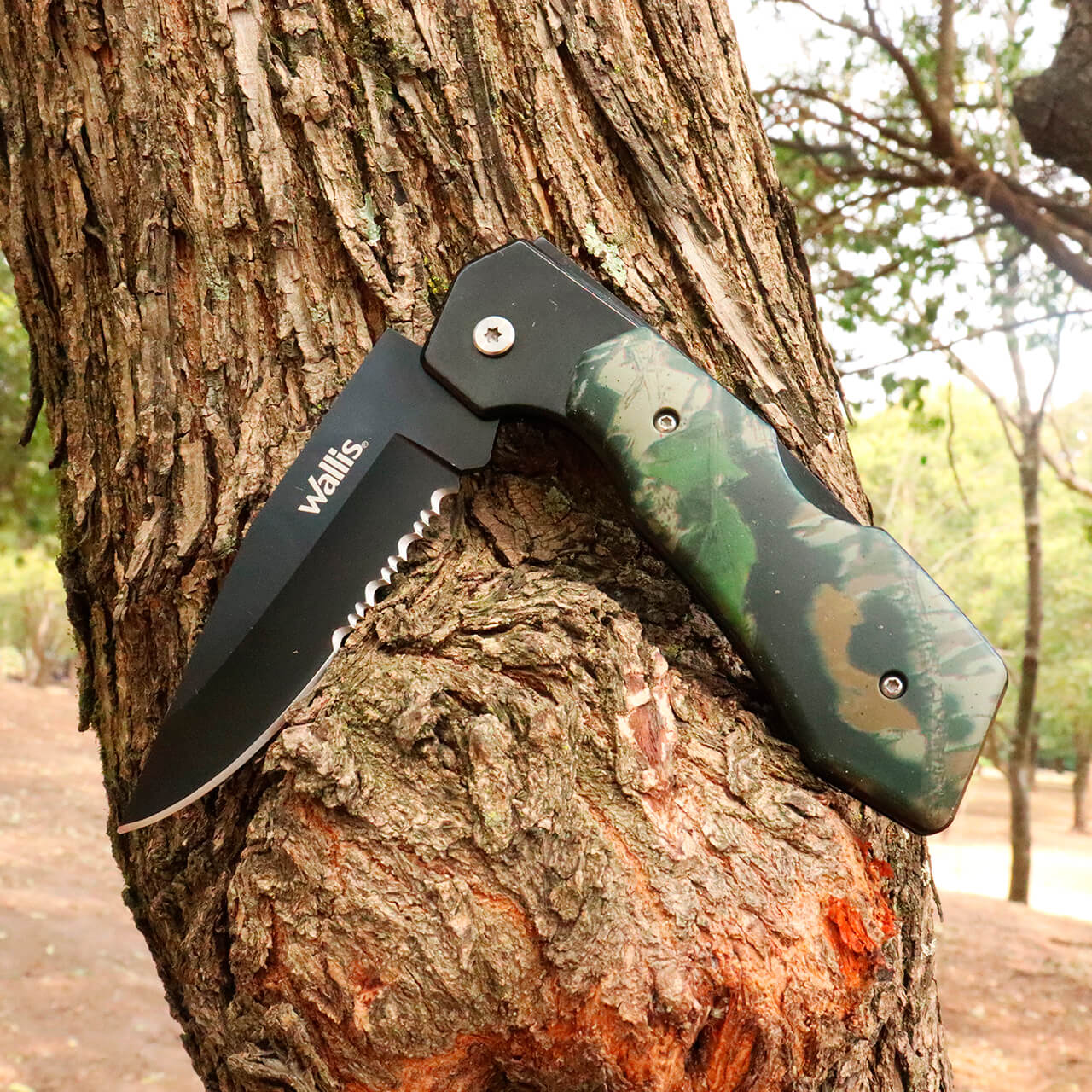 WALLIS Navaja de Bloqueo con Mango PVC Mango Camuflaje Verde Acero Inoxidable.