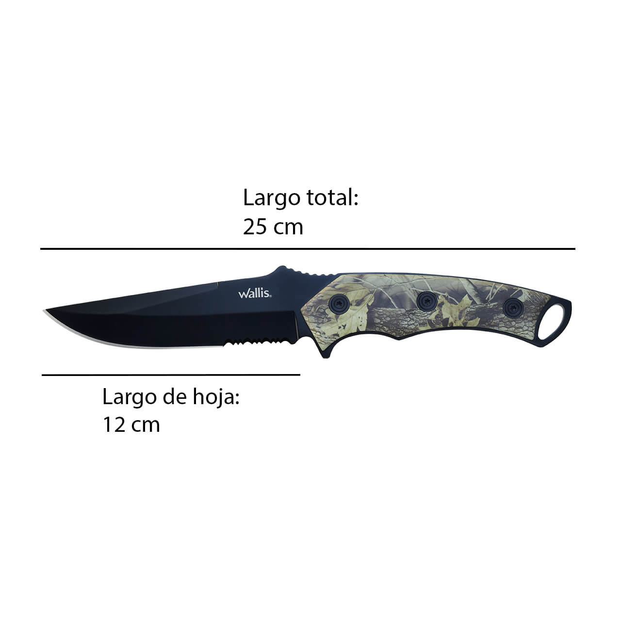 Wallis Cuchillo de Monte con Funda, Acero Inoxidable Negroy Mango Camuflaje.