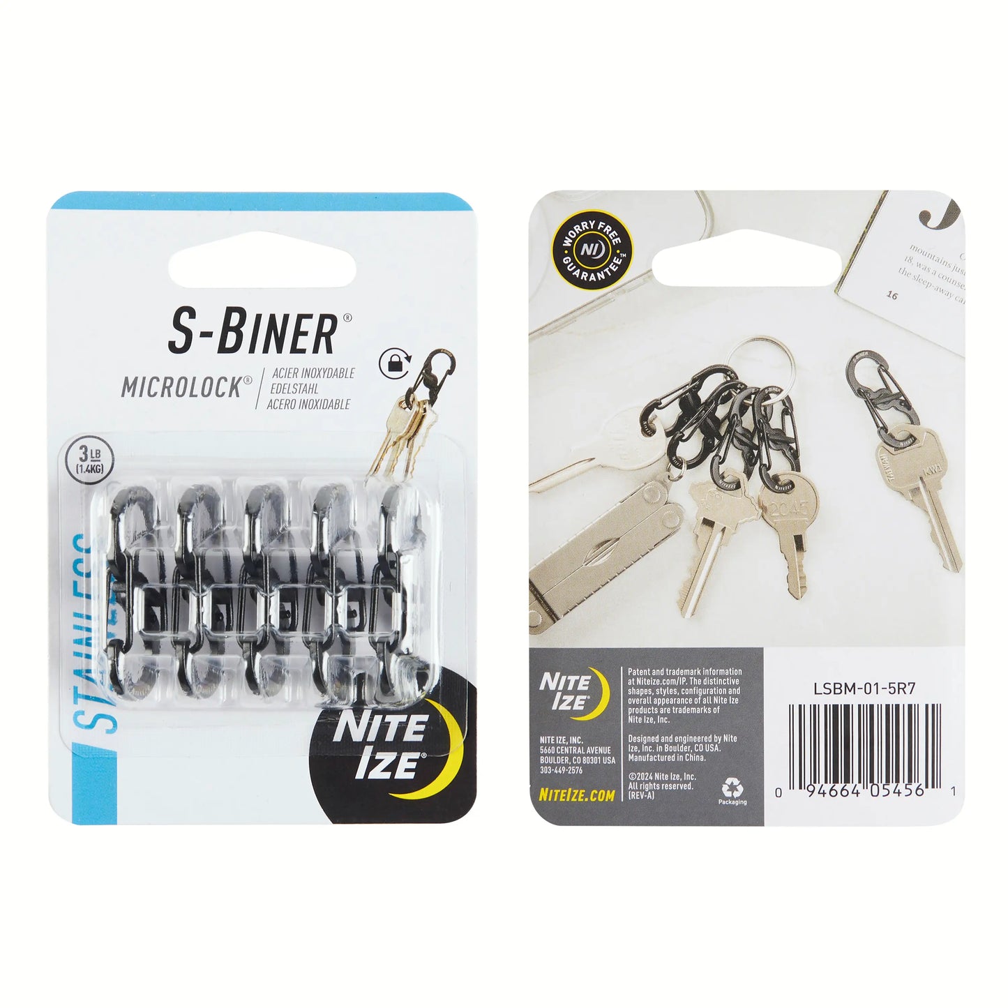 Nite Ize Pack 5. S-Biner® Microlock® Acero Inoxidable Negro Hecho en USA.