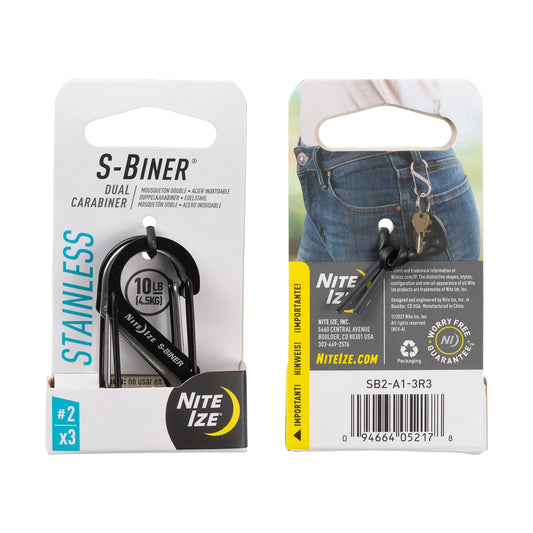 NITE IZE Pack-3 S-Biner® # 3 Stainless Steel Dual Carabiner Black & Plate USA